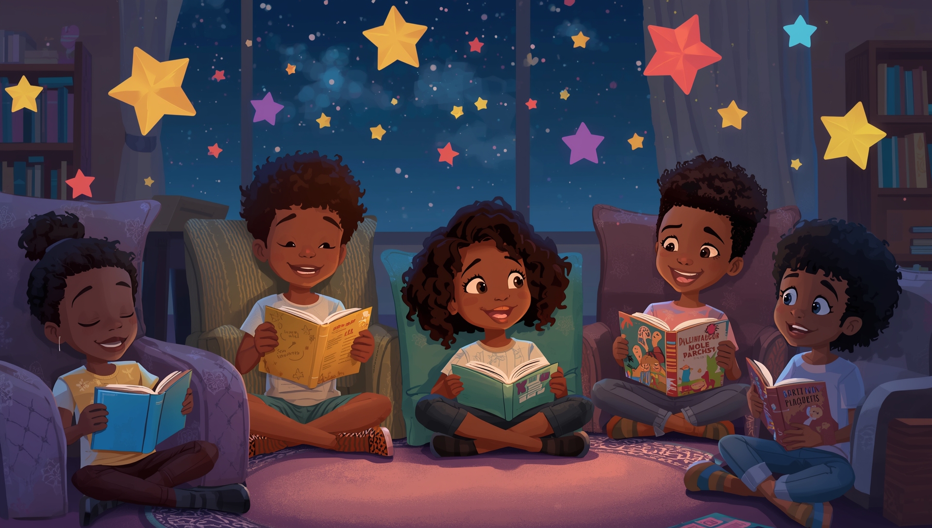 Family reading together in the magical universe